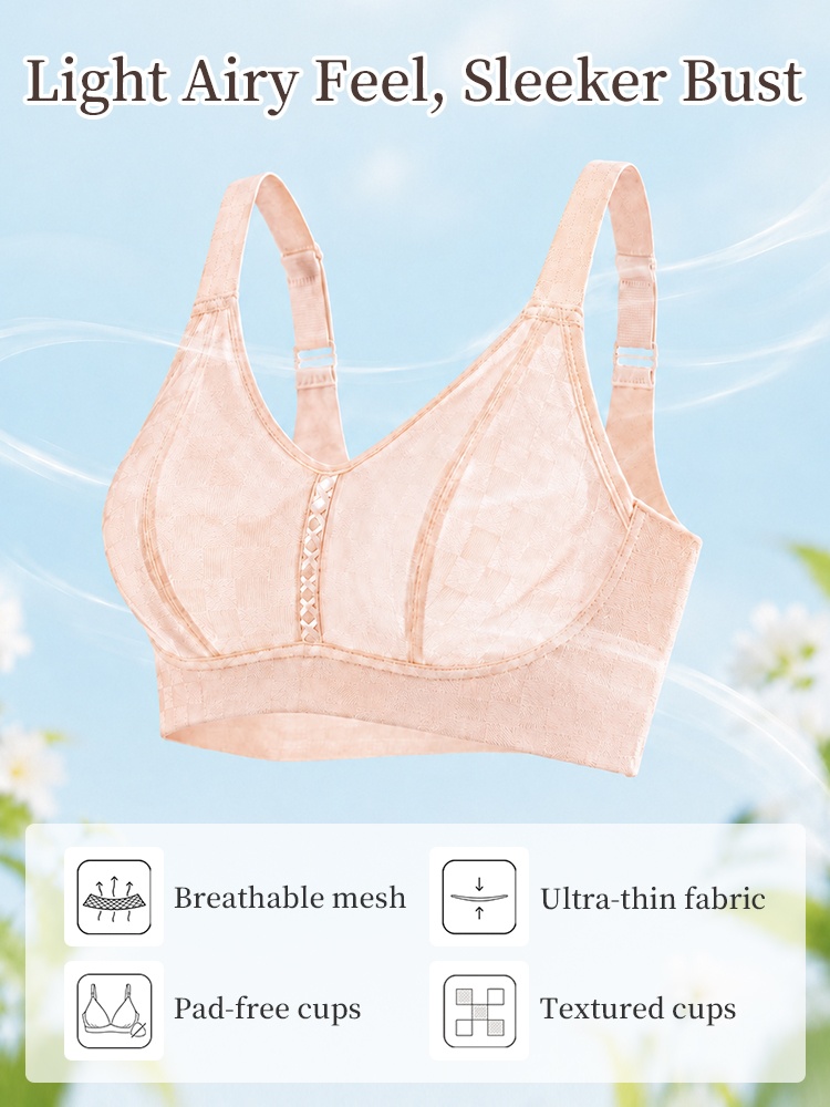 Feature graphic showing breathable mesh ultra thin fabric and textured cups VEIMIA
