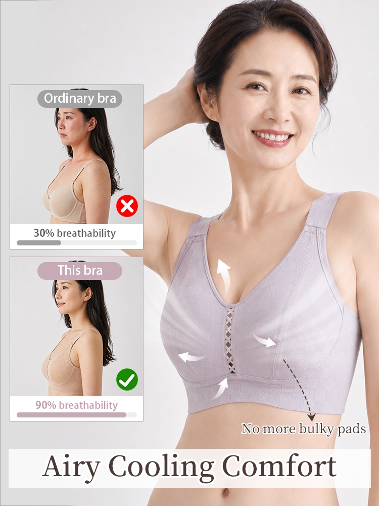 Model wearing purple breezy minimizer bra with airy cooling comfort graphic VEIMIA