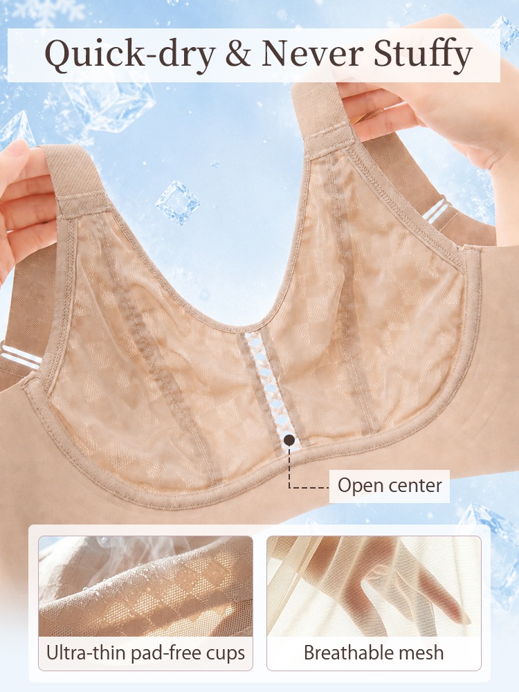 Quick dry feature graphic showing open center and breathable mesh cups VEIMIA