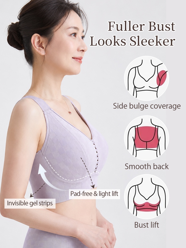 Side view model wearing purple minimizer bra with coverage diagrams VEIMIA