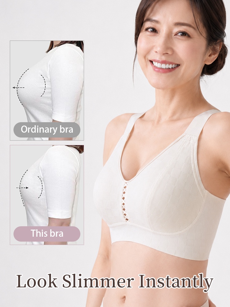 Model wearing white breezy minimizer bra with slimmer look comparison VEIMIA