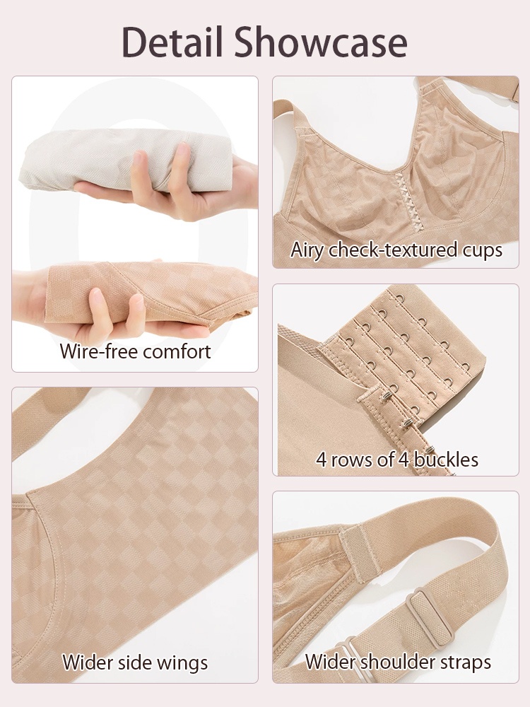 Detail showcase of wire-free comfort check cups buckles and wide straps VEIMIA