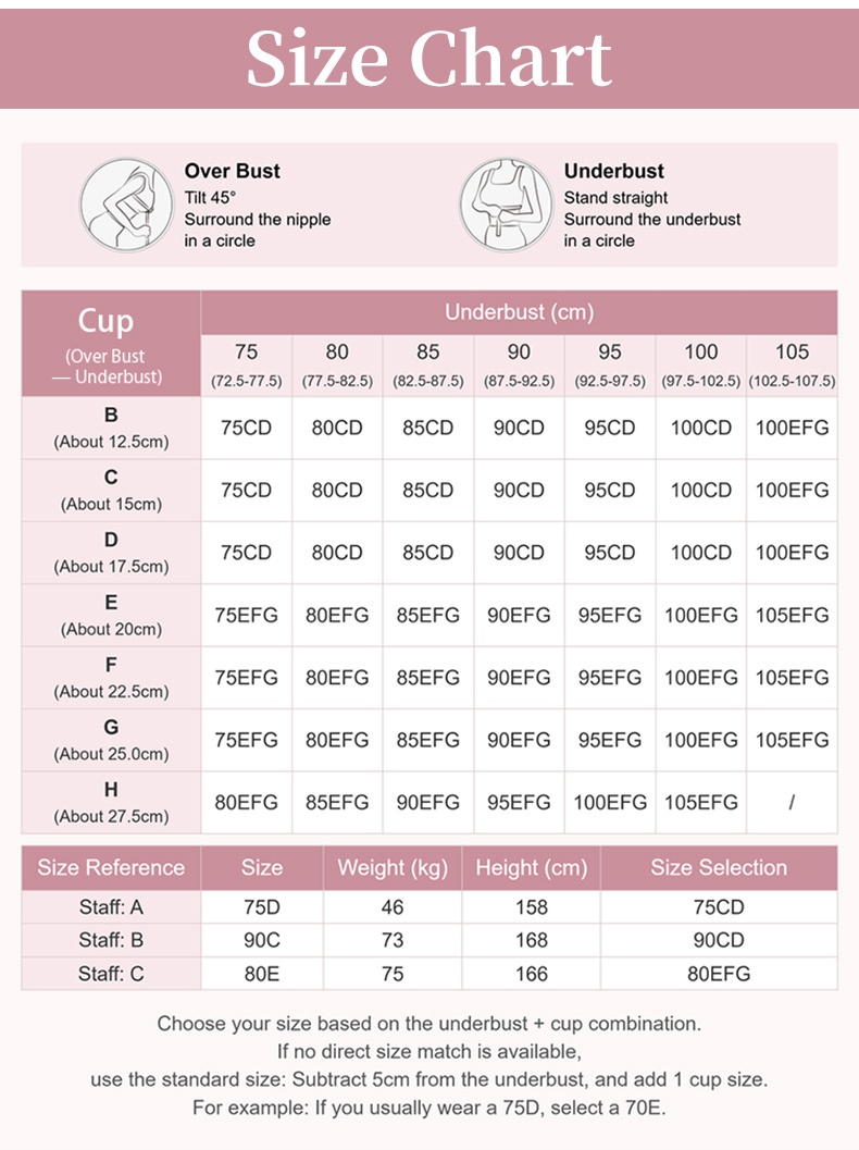 Size chart with underbust cup and size selection guide VEIMIA