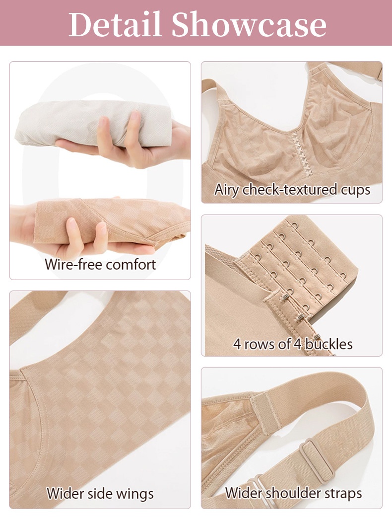 Detail showcase of wire-free comfort check cups buckles and straps VEIMIA