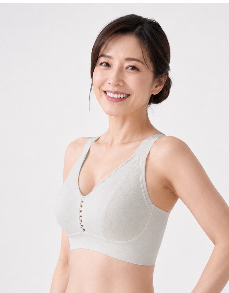 Model wearing white breezy minimizer bra front view VEIMIA