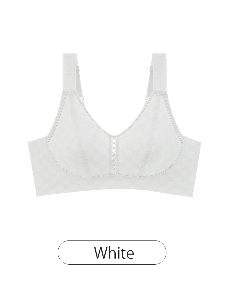White breezy minimizer bra front view with check textured cups VEIMIA