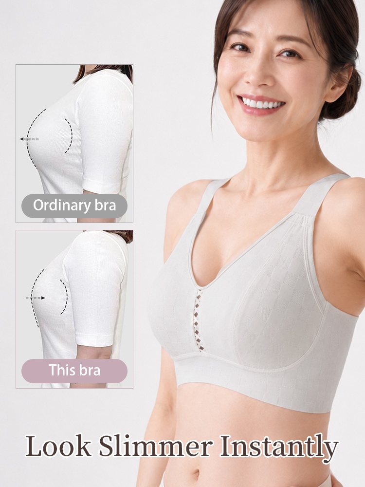Model wearing white breezy minimizer bra with slimmer look comparison VEIMIA