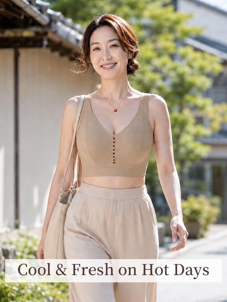 Woman wearing a breathable VEIMIA minimizer bra for warm weather and everyday outfits