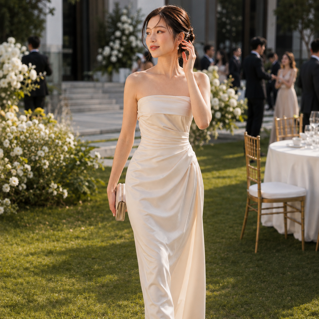 Woman wearing an ivory strapless gown at a daytime wedding reception VEIMIA