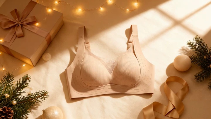 VEIMIA Cozy Christmas gifts ideas 2025 featuring a soft lace bralette and festive elements in a warm flatlay style.