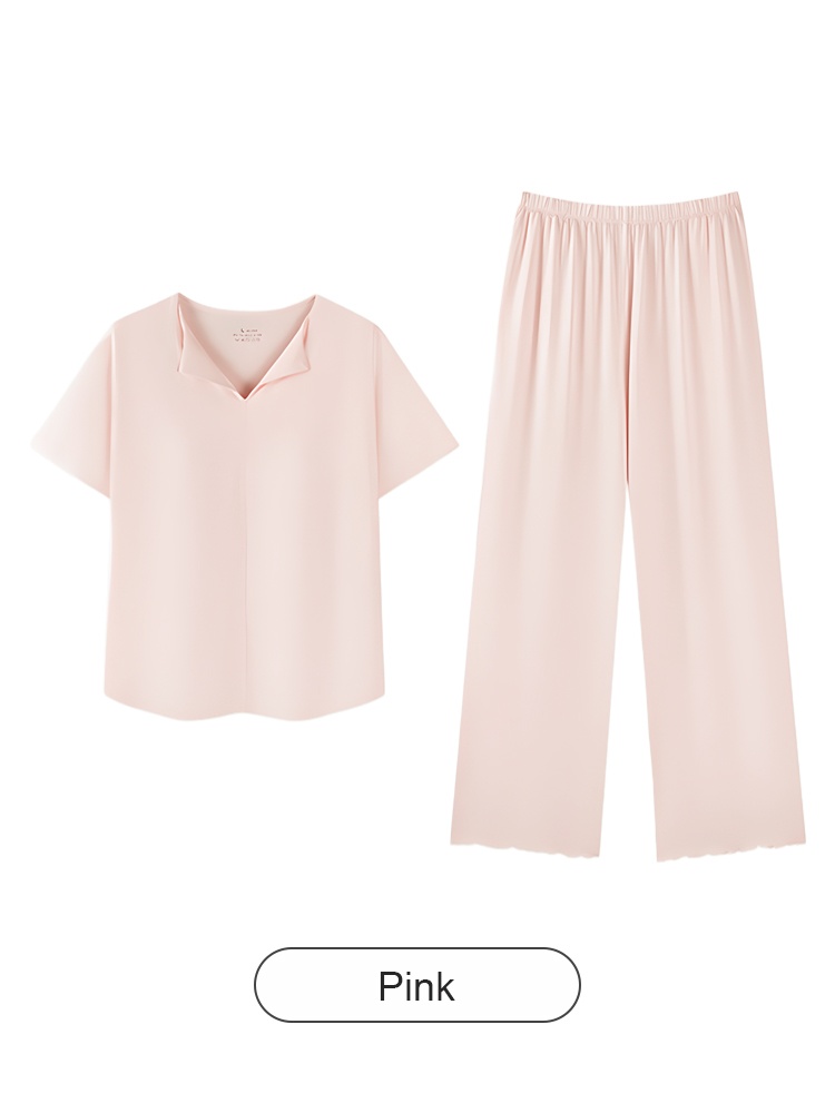 Flat lay of the pink short-sleeve pajama top and wide-leg pants set - VEIMIA
