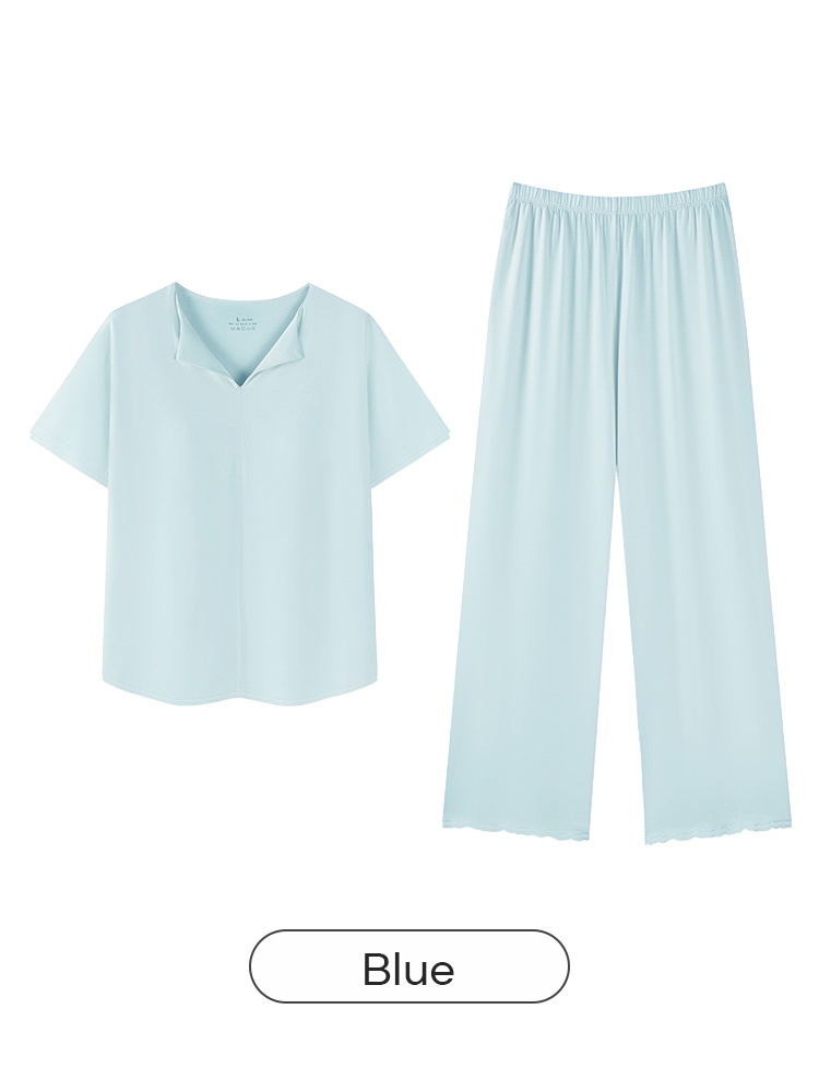 Flat lay of the blue short-sleeve pajama top and wide-leg pants set - VEIMIA