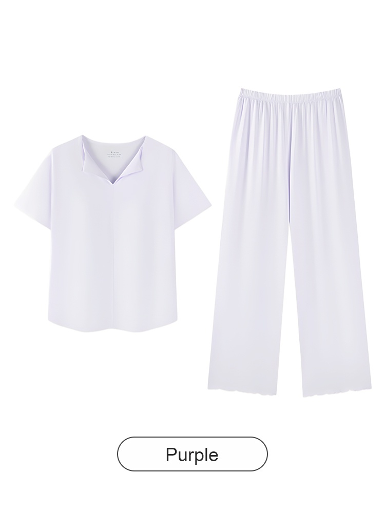 Flat lay of the purple short-sleeve pajama top and wide-leg pants set - VEIMIA