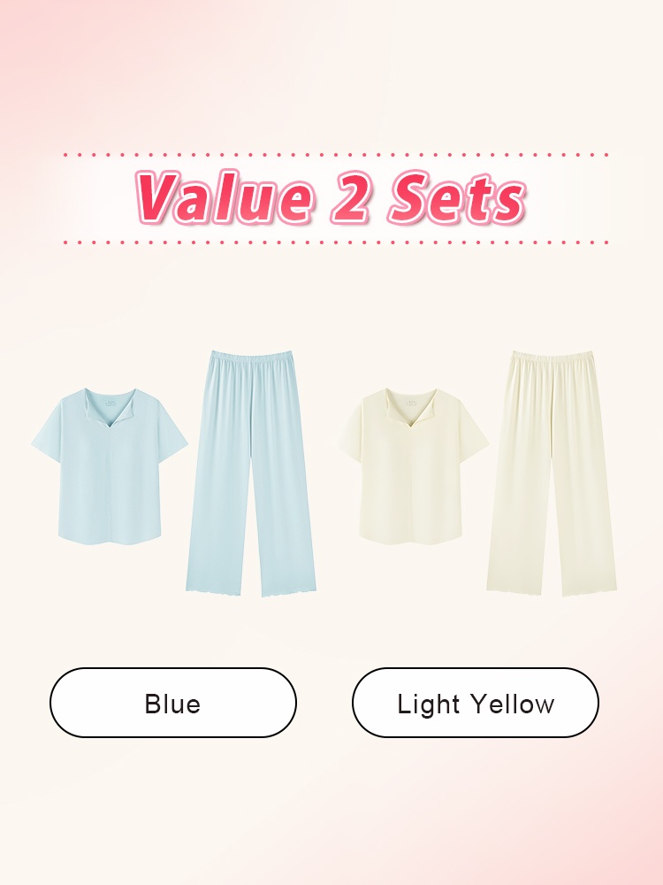 Value 2 sets graphic showing blue and light yellow pajama set combination - VEIMIA