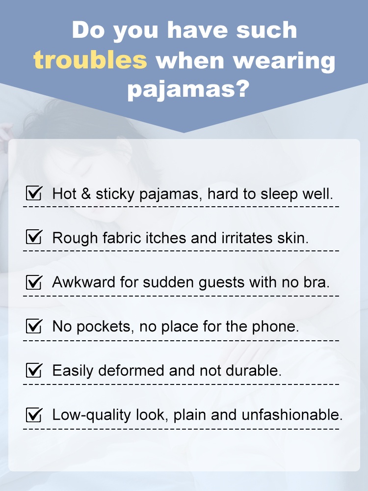 Graphic showing common pajama pain points like heat, rough fabric, no pockets and poor durability - VEIMIA