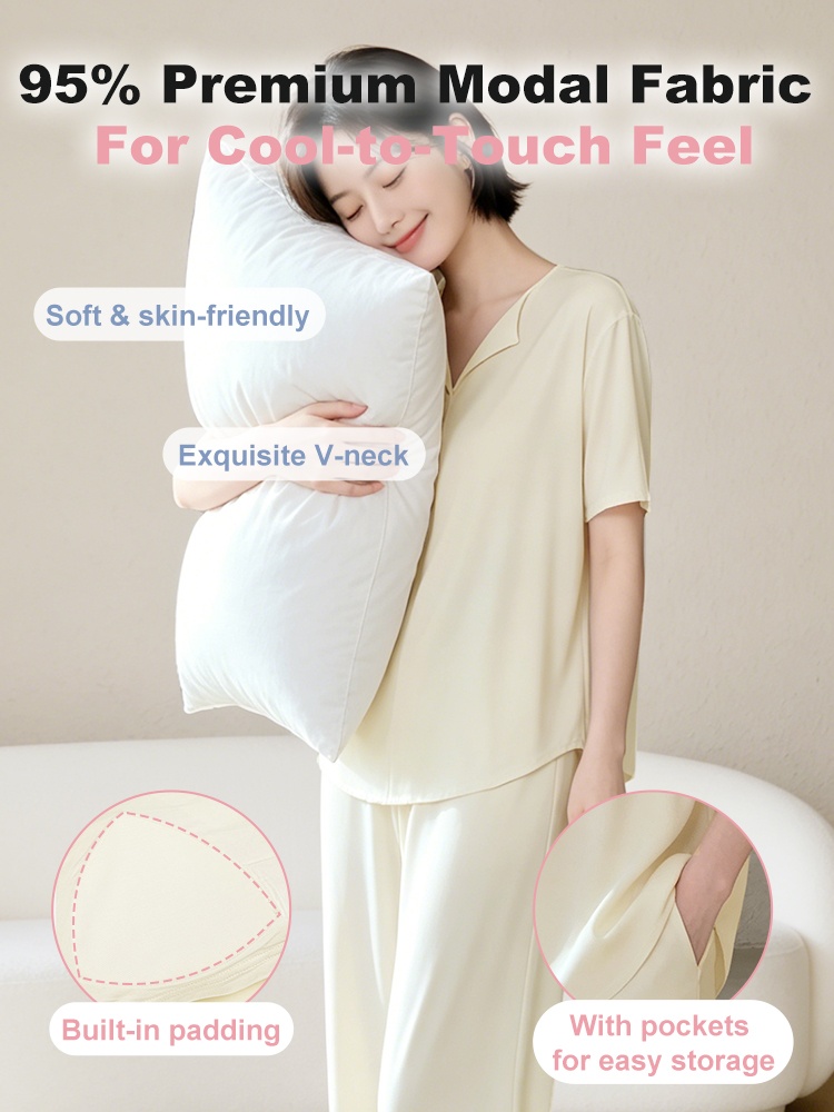 Model in a light yellow pajama set with built-in padding and side pockets feature callouts - VEIMIA