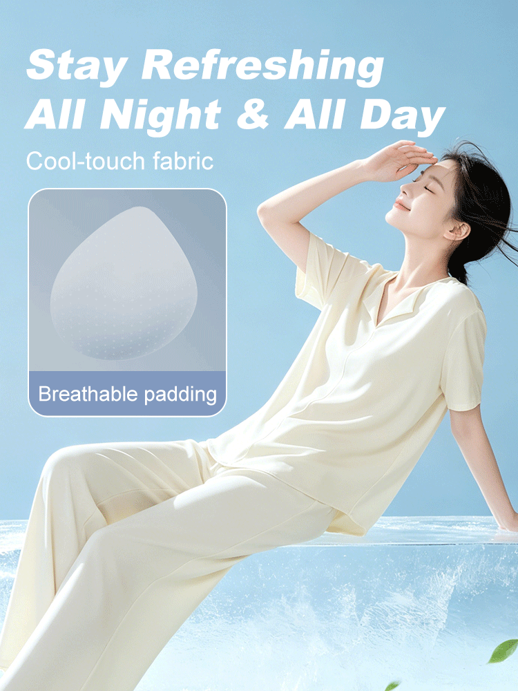 Model sitting in a light yellow cool-touch pajama set with breathable padding feature callout - VEIMIA
