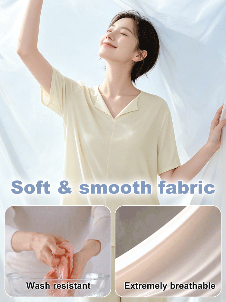 Model in a light yellow pajama set with soft smooth fabric, wash-resistant and breathable feature callouts - VEIMIA