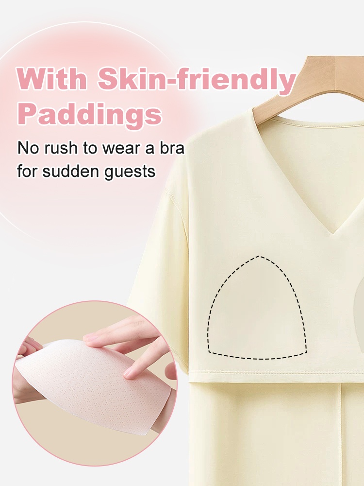 Close-up of the light yellow pajama top showing built-in padding insert - VEIMIA