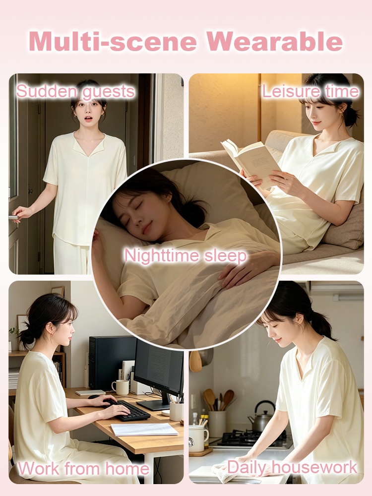 Collage showing the pajama set for home office, daily housework, leisure time and sleep - VEIMIA