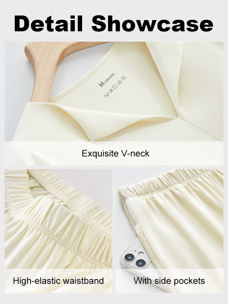 Detail showcase of the pajama set with V-neck, elastic waistband and side pockets - VEIMIA