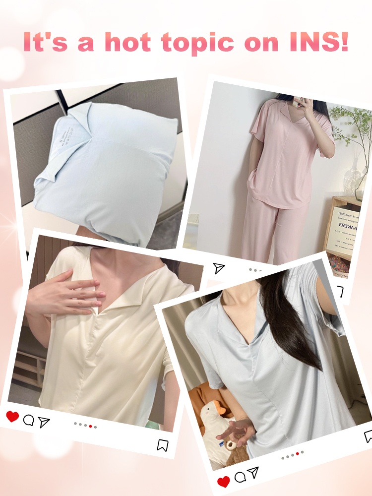 Social-style collage showing the pajama set in light yellow, pink and blue color options - VEIMIA