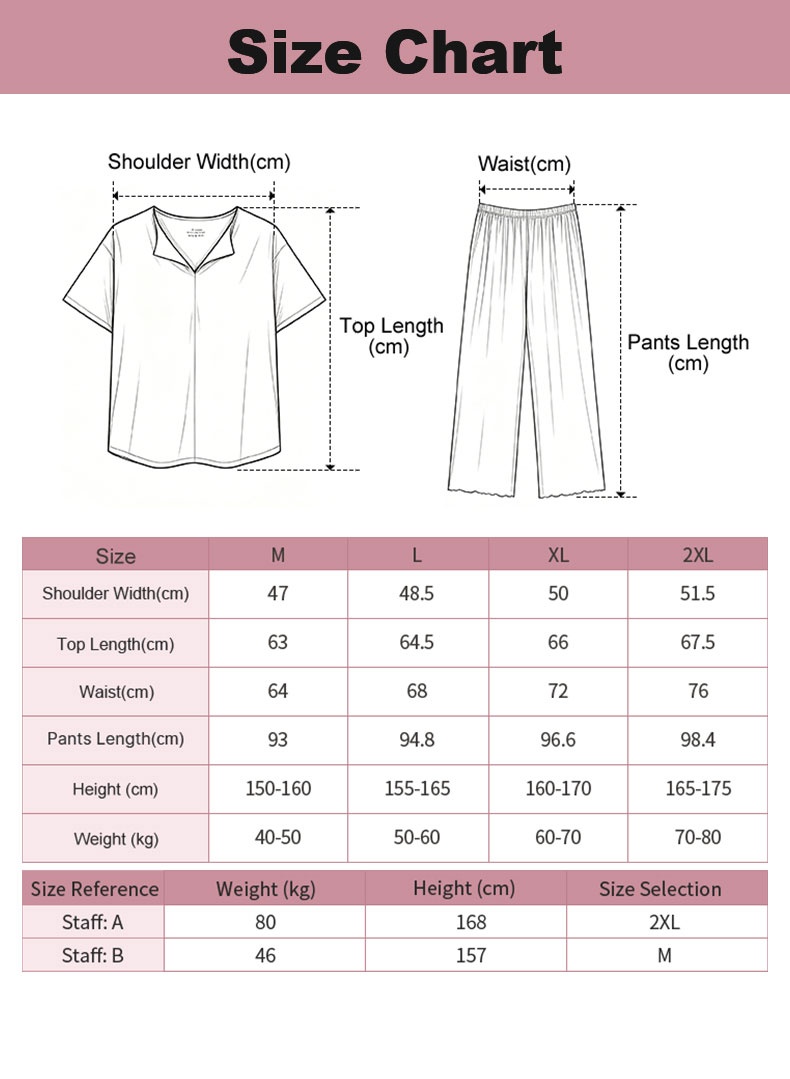 Size chart for the pajama set with top and pants measurements from M to 2XL - VEIMIA