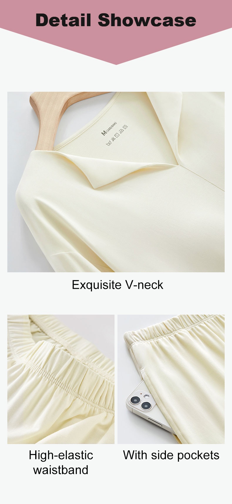 Detail showcase of the pajama set with V-neck, elastic waistband and side pockets - VEIMIA
