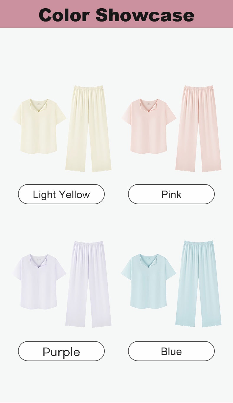 Color showcase graphic of the pajama set in light yellow, pink, purple and blue - VEIMIA