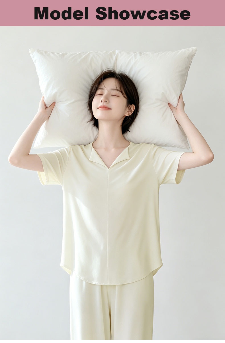 Front model showcase of the light yellow short-sleeve pajama set while holding a pillow - VEIMIA