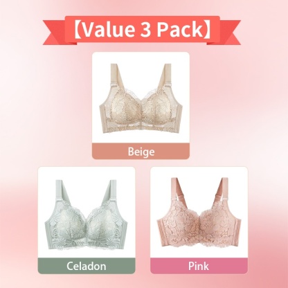 Beige And Celadon And Pink Colors of Comfortable Lace Minimizer Bra- Wireless & Seamless Stable Full Coverage Design With Adjustable Wide Straps VEIMIA