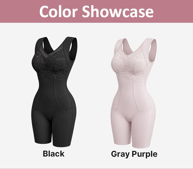 Color showcase of black and gray purple shaping bodysuits with lace cups VEIMIA