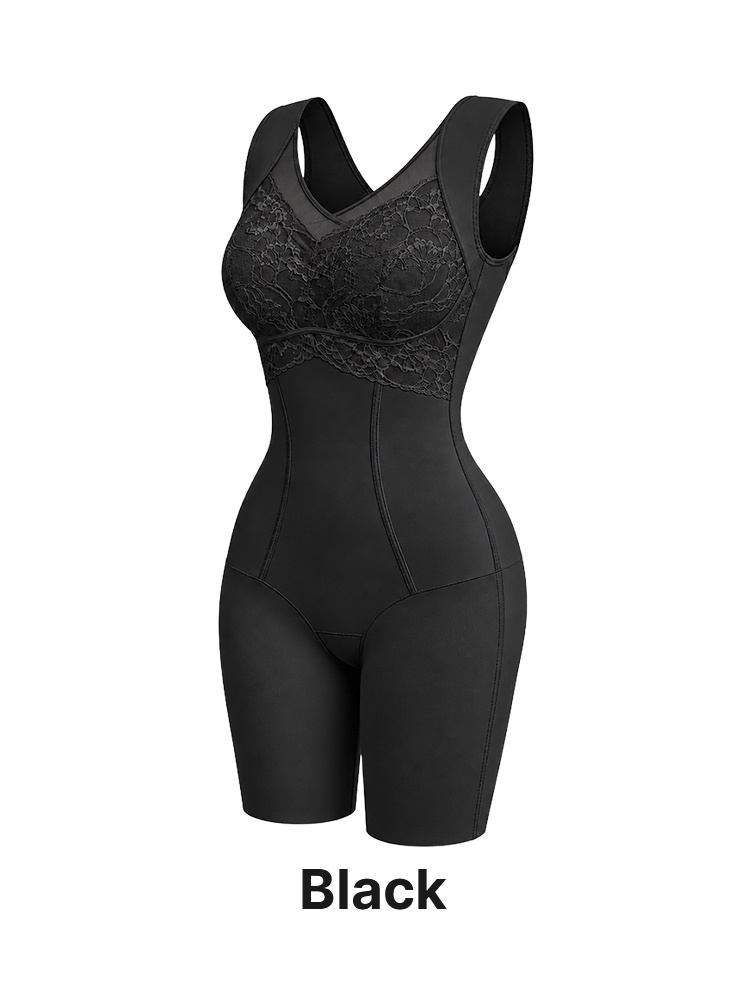 Black shaping bodysuit front angled product view with lace bust and thigh length legs VEIMIA