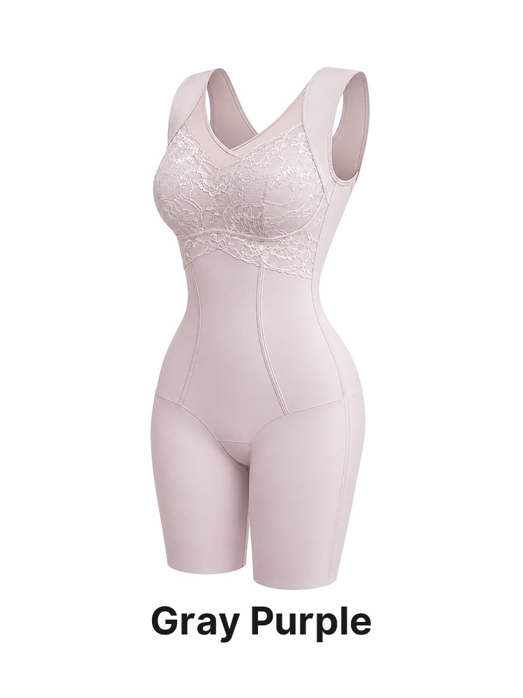 Gray purple shaping bodysuit front angled view with lace cups and smooth waist panels VEIMIA