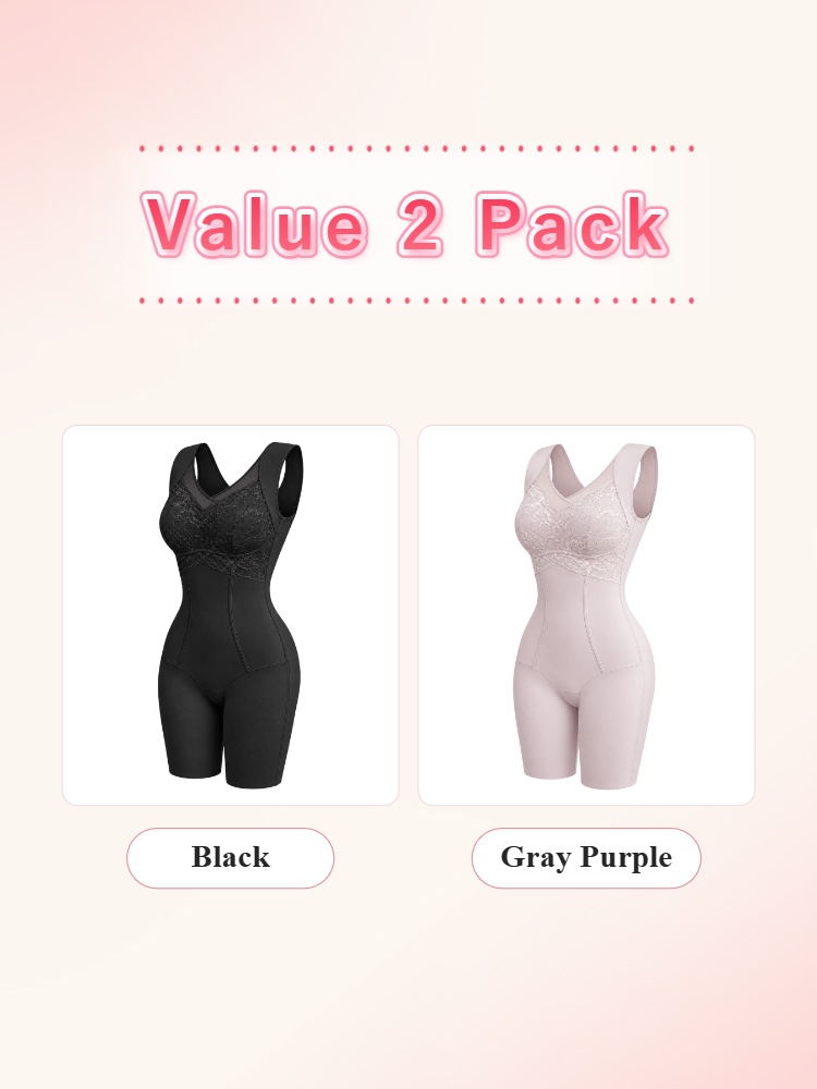 Two pack black and gray purple shaping bodysuits with lace bust panels VEIMIA