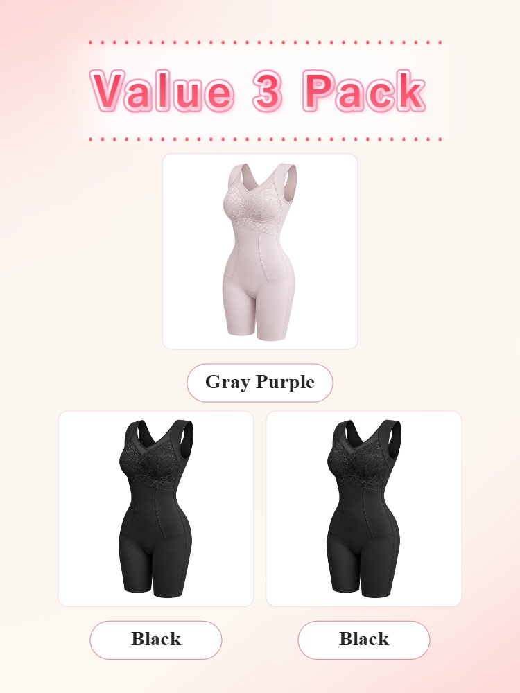 Three pack shaping bodysuits with one gray purple and two black pieces VEIMIA