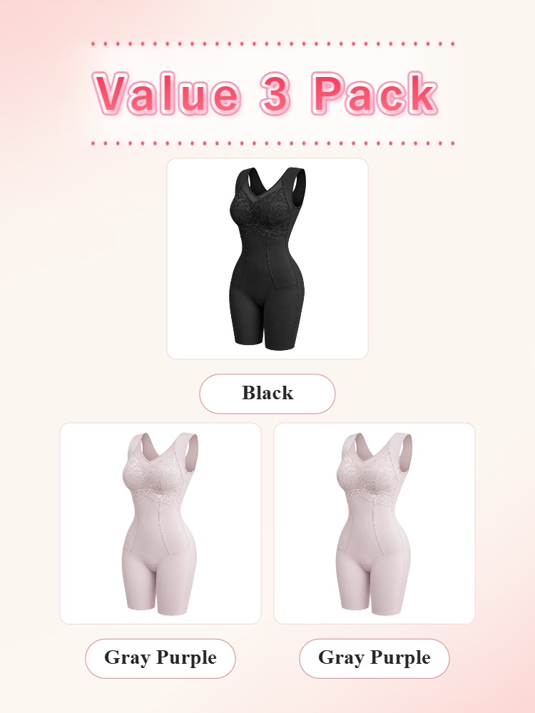 Three pack shaping bodysuits with one black and two gray purple pieces VEIMIA
