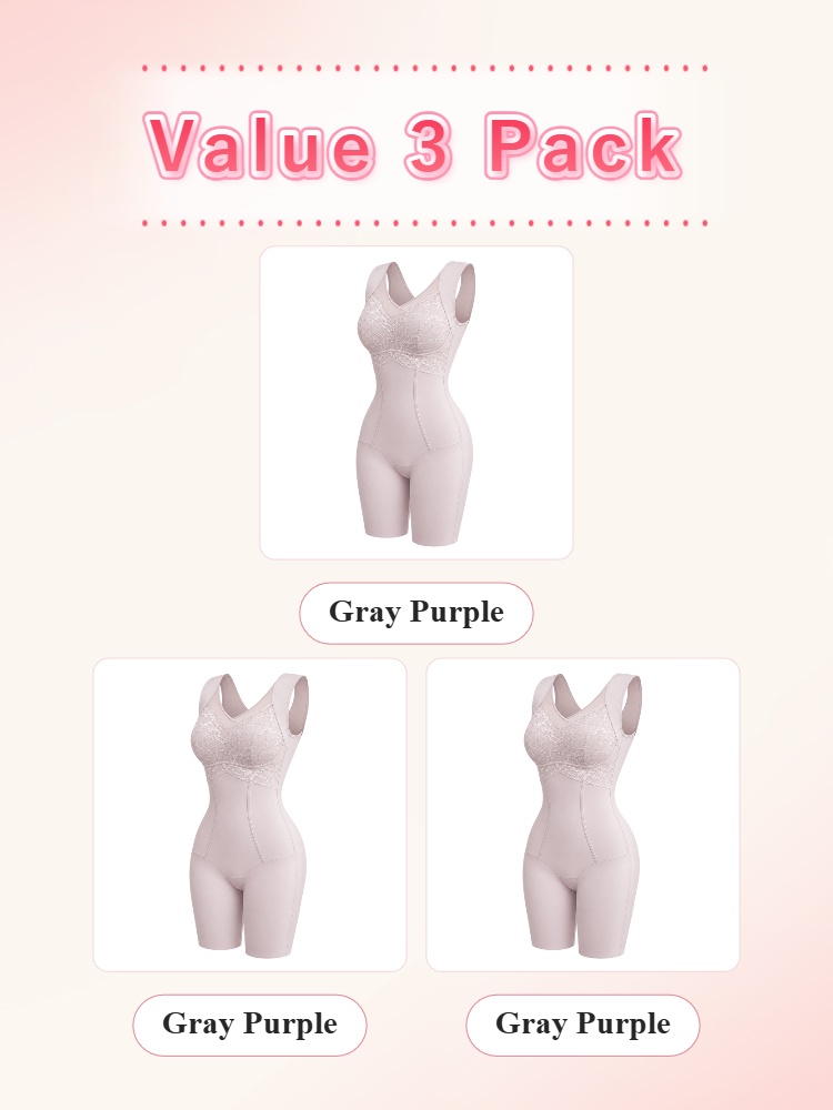 Three pack gray purple shaping bodysuits with lace bust and shorts legs VEIMIA