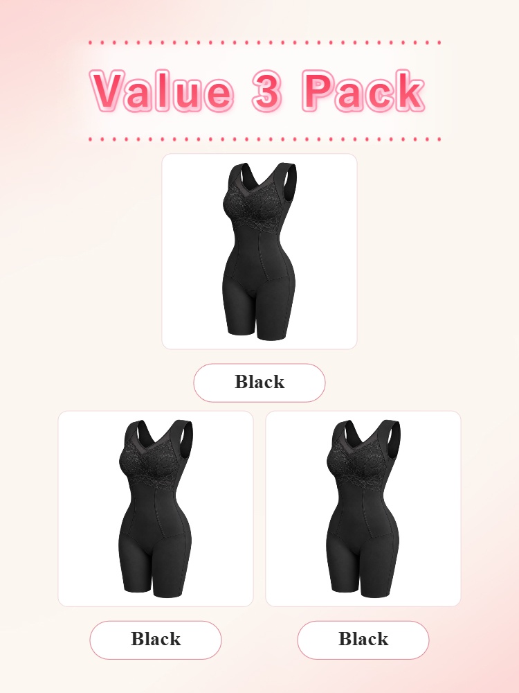 Three pack black shaping bodysuits with lace bust and thigh length shorts VEIMIA