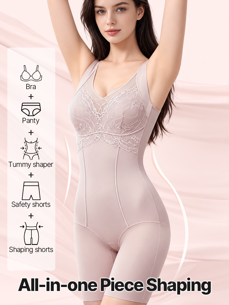 Front angled view of gray purple all in one shaping bodysuit with lace cups VEIMIA