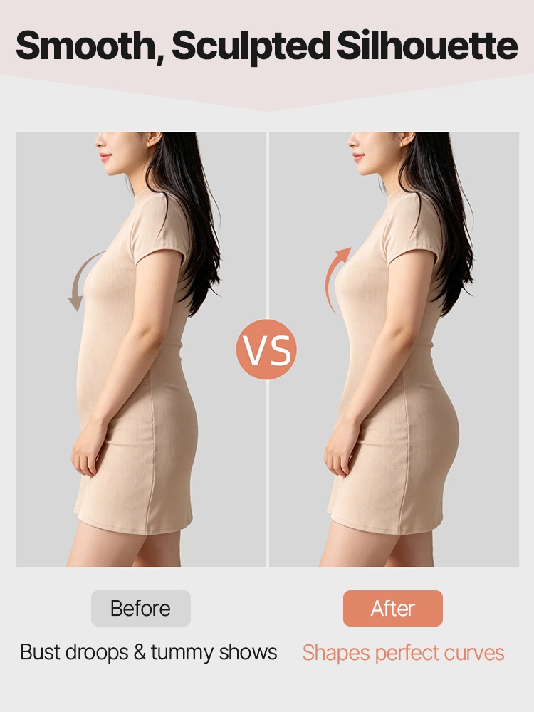 Before and after side profile comparison of silhouette beneath beige fitted dress VEIMIA