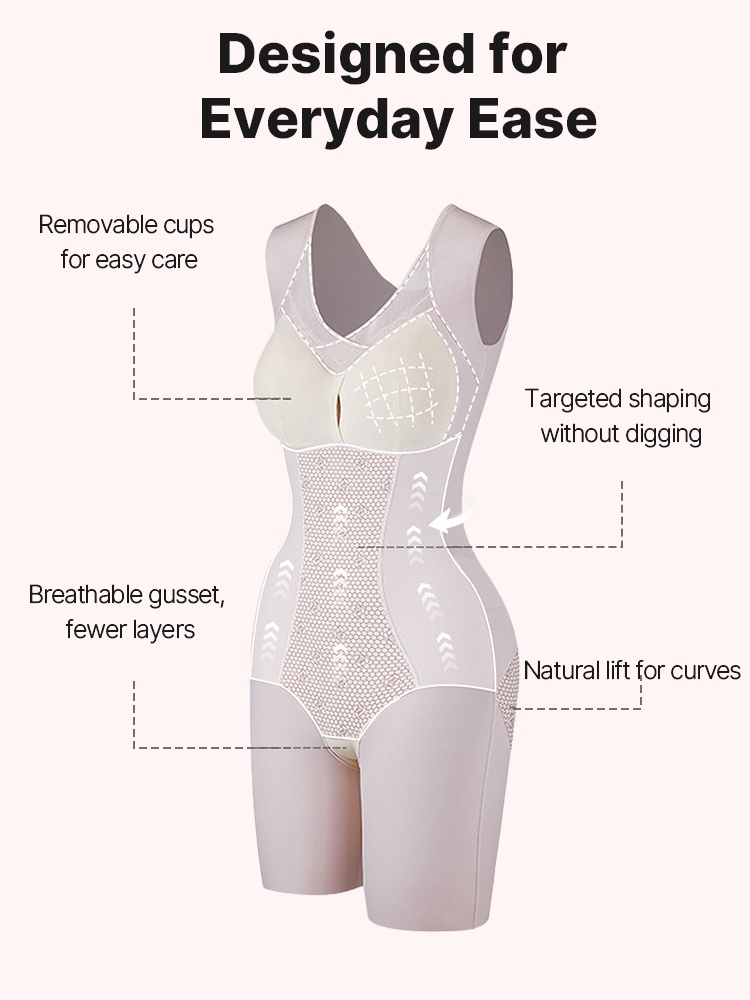 Bodysuit feature diagram showing removable cups mesh gusset and contoured waist panels VEIMIA