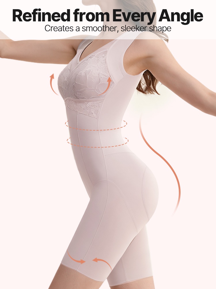 Side view of gray purple lace bodysuit with waist shaping and thigh length legs VEIMIA