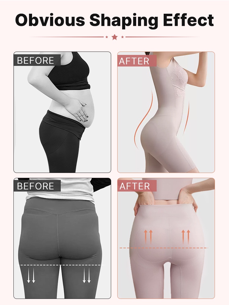 Before and after comparison graphic showing waist contour and rear silhouette in bodysuit VEIMIA