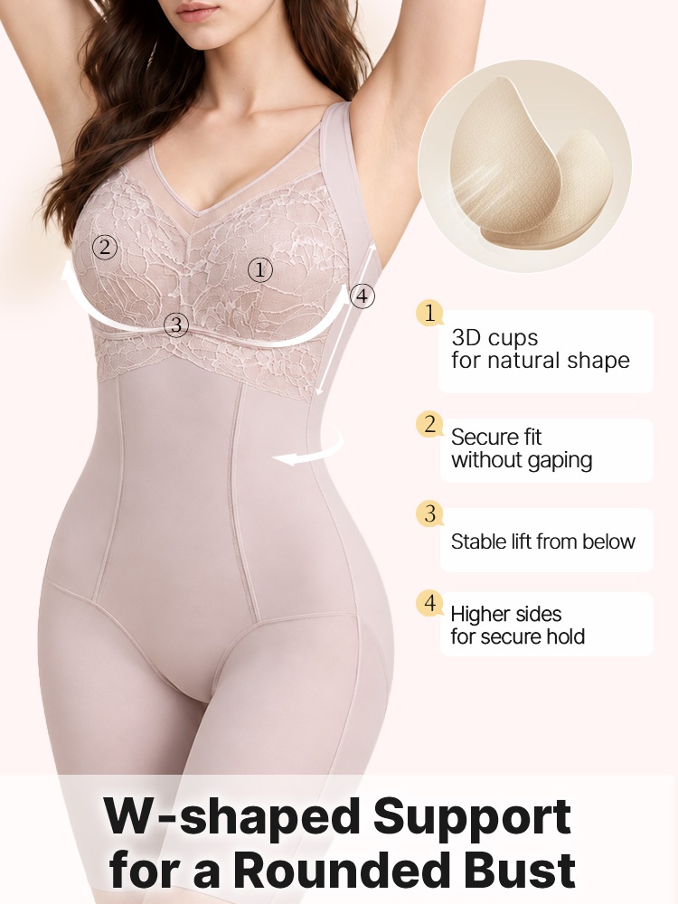 Front view of lace bodysuit with diagram showing cup support and higher side panels VEIMIA