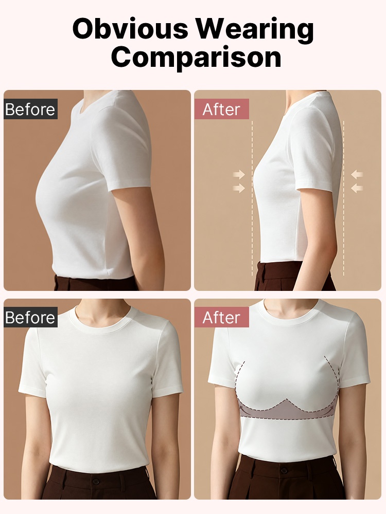 Before and after comparison of bra support beneath fitted white tops from front and side VEIMIA