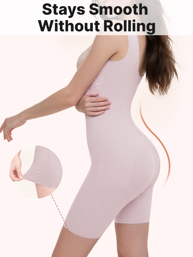 Side view of model wearing gray purple shorts bodysuit with stretch leg hem inset VEIMIA