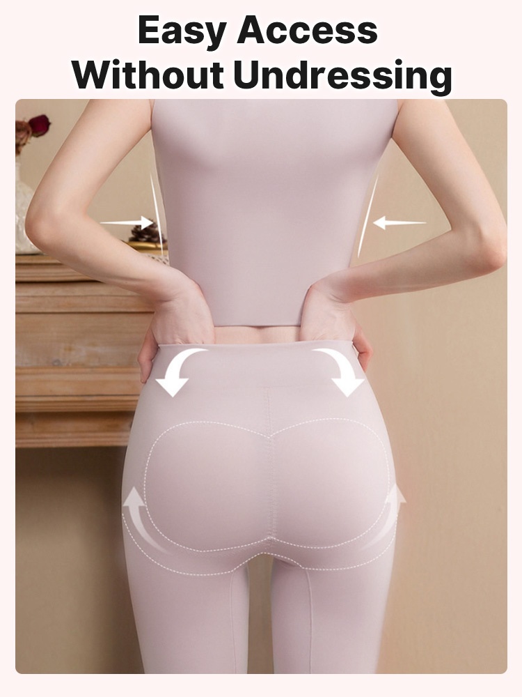 Back view feature graphic showing accessible waistband and contoured shaping shorts VEIMIA