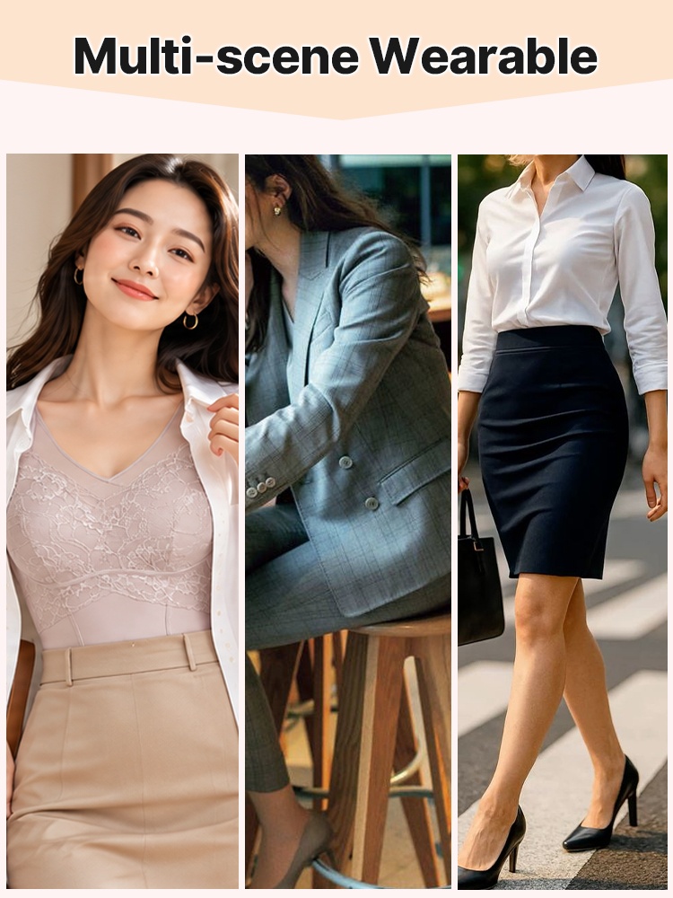 Three outfit styling images showing lace shaping bodysuit with casual and office clothing VEIMIA