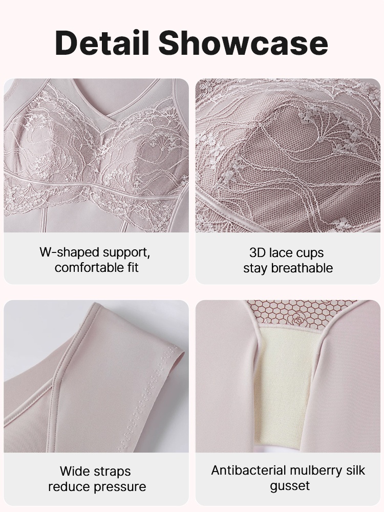 Four detail panels showing floral lace cups wide straps and gusset lining VEIMIA